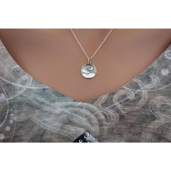 Sterling Silver Mountain Charm with Bronze Crescent Moon Necklace - Picture 2 of 4